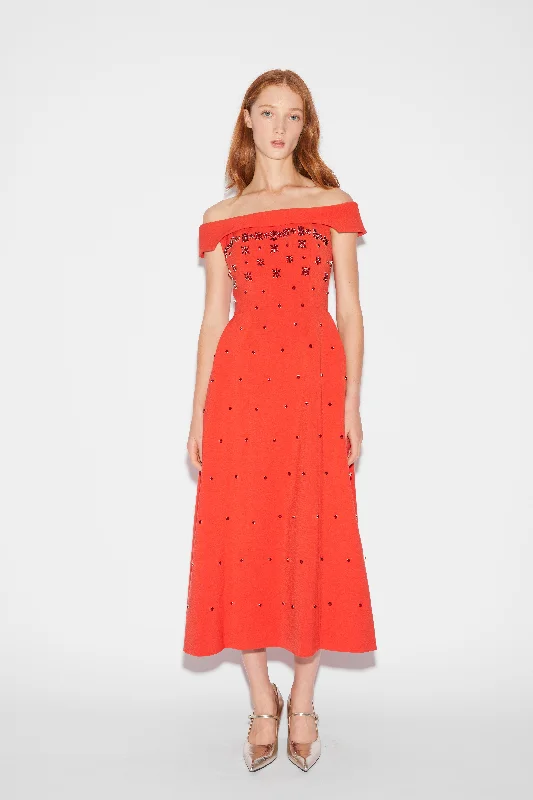 Polished Finish BEATRICE DRESS RED EMBELLISHED CREPE