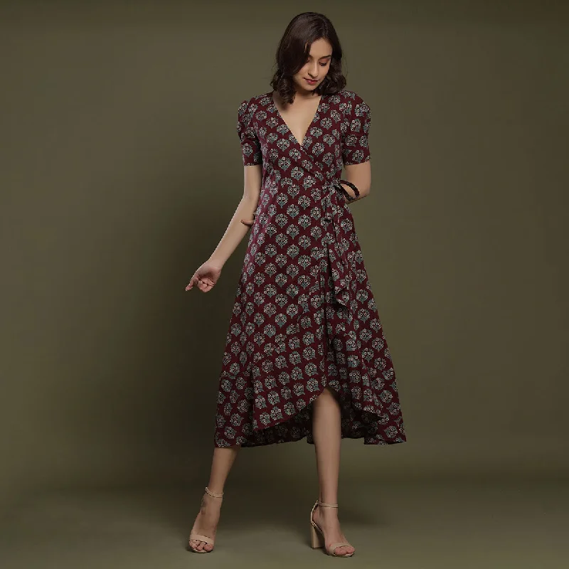 Women's Vacation Outfit Aloha Mora on Maroon Wrap-around Dress