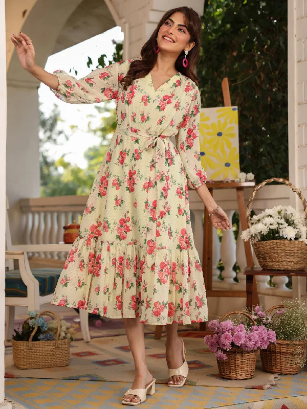 Charming Women's Garments Light Yellow Georgette Floral Printed Fit & Flare Dress