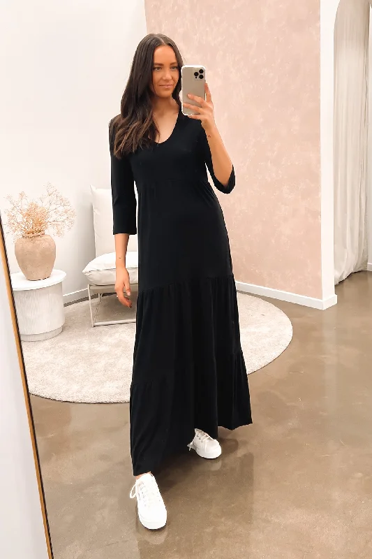 Cozy Chic Promotions Lola 3/4 Sleeve Tiered Dress Black