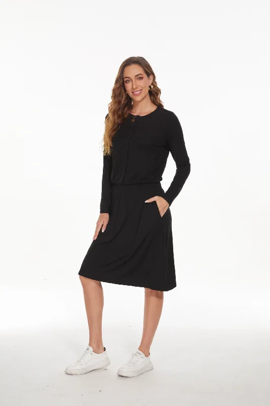 Find Your Unique Flair MM SMOCKED WAIST EVERYTHING DRESS LONG SLEEVES - BLACK