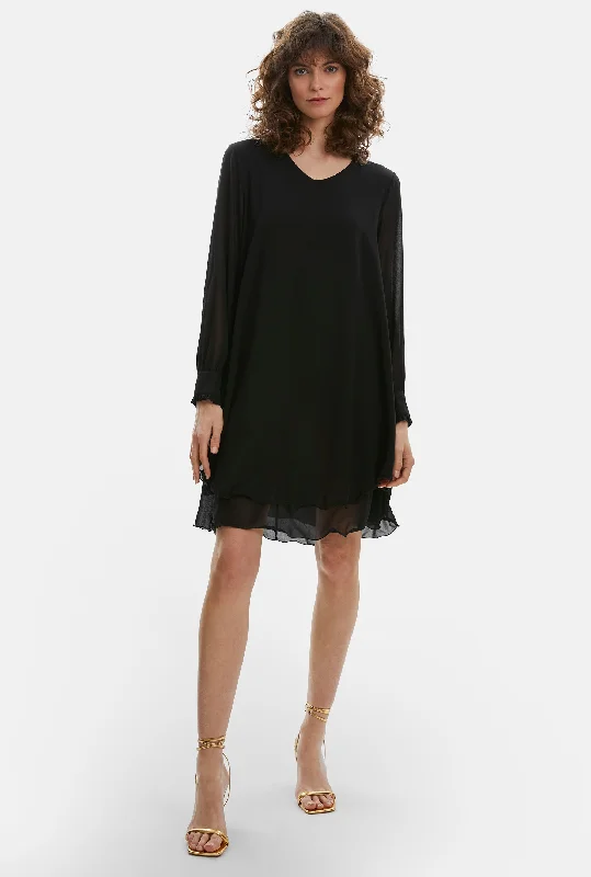 Women's Clothes Long Sleeve Black Wave Hem Dress