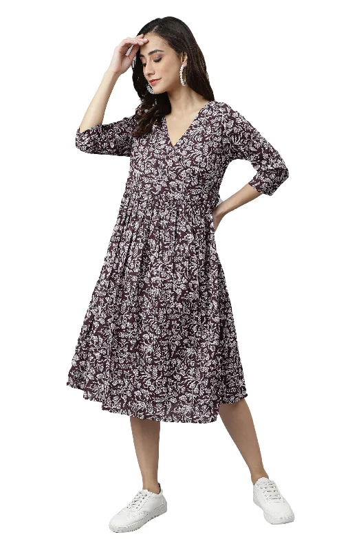 Style Revolution Wine Pure Cotton Floral Printed Angrakha Dress