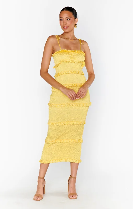 Sophisticated Style Stella Smocked Dress ~ Yellow Luxe Satin