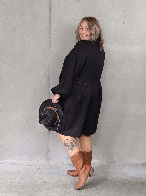Trendy Street Style Attire Willow Pocket Dress - Black Linen