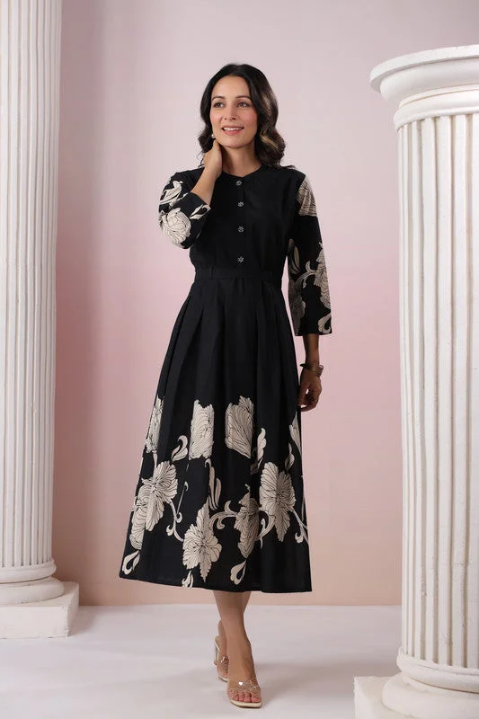 Bold Prints Casual Chic Blooming Lattice Silk Black Dress