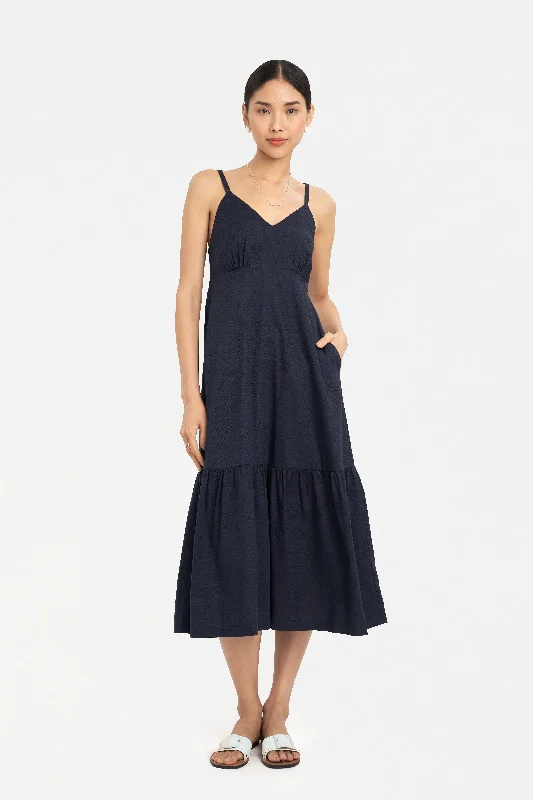 Discover Now Shay Padded Tiered Dress in Dark Blue