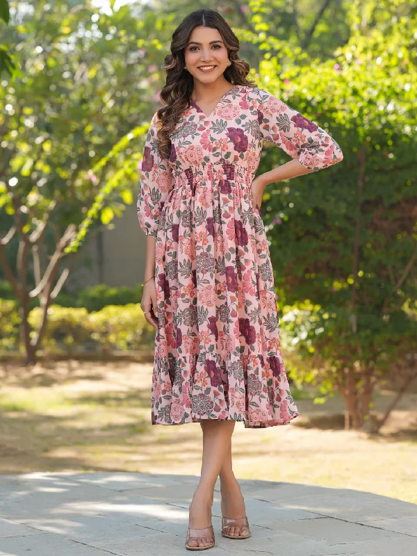 Elegant Ensemble Peach Georgette Floral Printed Fit & Flare Dress