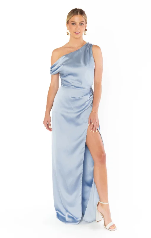 Online Boutiques Jodie Dress ~ Steel Blue Luxe Satin