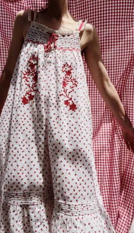 Stylish Women's Apparel 100% RECYCLED COTTON - NIGHTINGALE HAND SMOCKED DRESS STRAWBERRY EMBROIDERED COTTON