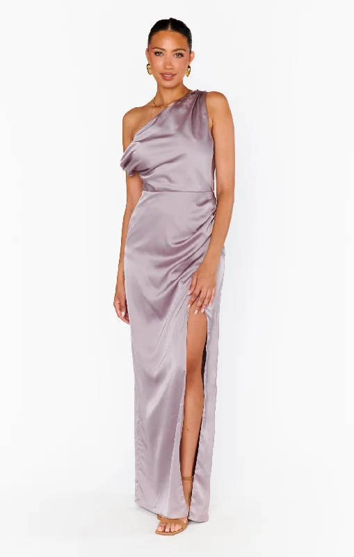 Unique Women's Fashion Pieces Jodie Dress ~ Dusty Purple Luxe Satin