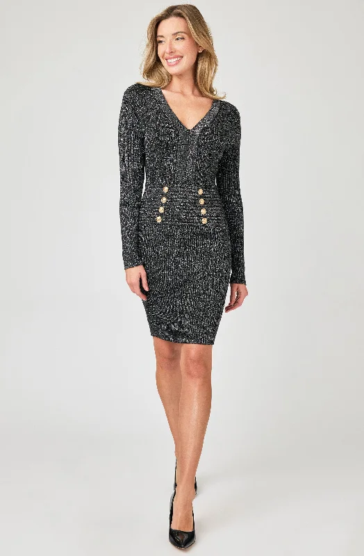 Stylish Savings Long Sleeve Lurex Fitted Dress with Gold Buttons