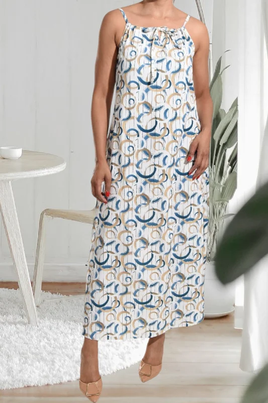Women's Vintage Attire Teal Printed Strappy Maxi Tie Dress