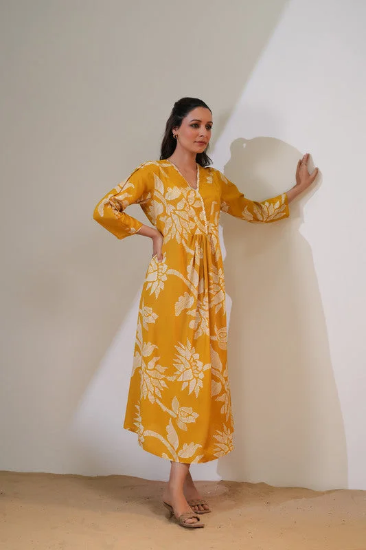 Sustainable Women's Clothing Mustard Floral Boho Russian Silk Dress