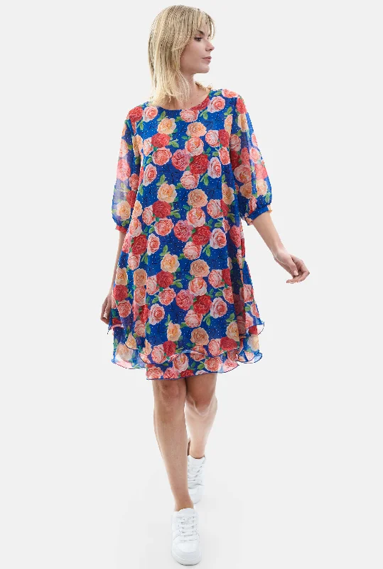 Crazy Price Slashing Rose Print Wave Hem Dress Royal