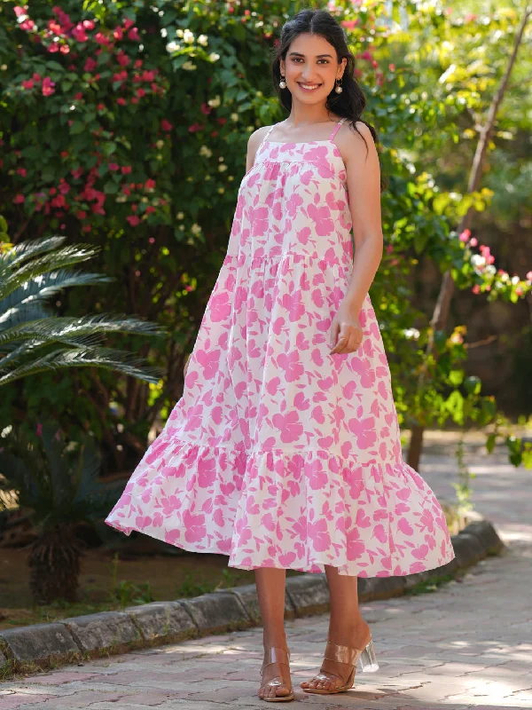 Latest Fashion for Women Pink Pure Cotton Abstract Printed Tiered Dress