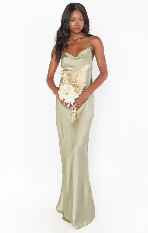Boutique Dress Online Tuscany Maxi Slip Dress ~ Moss Green Luxe Satin