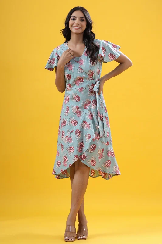 Relaxed Fashion Gardenia on Sea Green Wrap around Dress