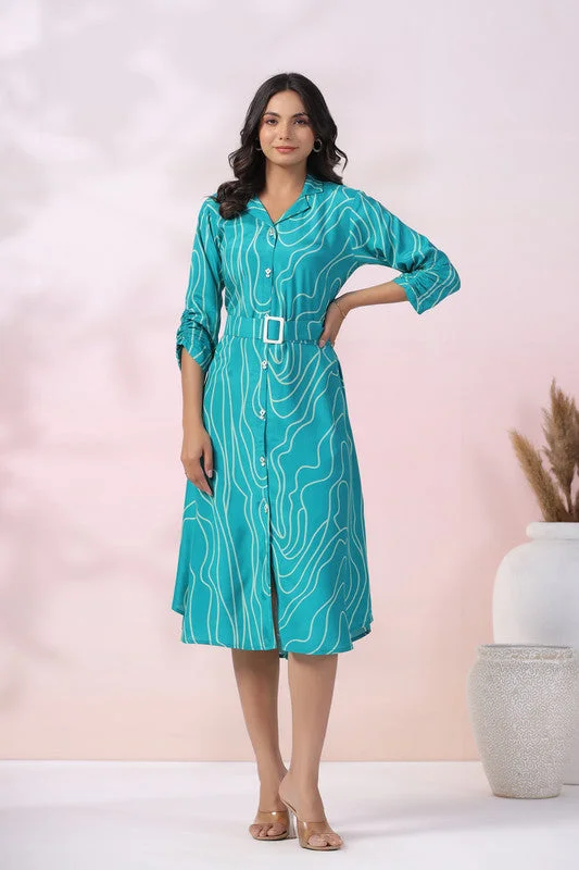 Affordable Women's Clothing Sale Online Turquoise Wave Belted Russian Silk Dress