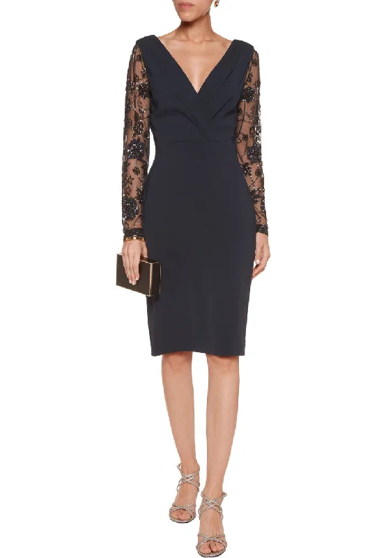 Athleisure Wear Special Offer Navy Embellished Long Sleeves Crepe Dress