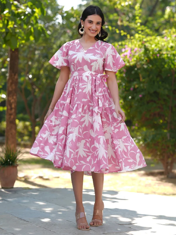 Cottagecore Rustic Charm Style Pink Pure Cotton Floral Printed Tiered Dress
