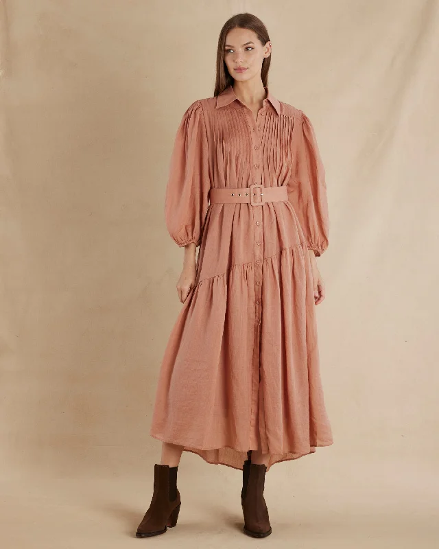 Fashion Essentials Poeta Ramie Pintuck Belted Dress - Blush