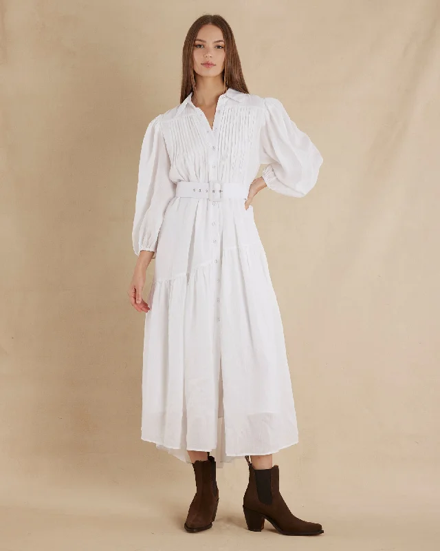 Comfortable Lounge Clothing Poeta Ramie Pintuck Belted Dress - White
