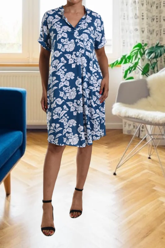 Fashionable Women's Clothing Navy Floral Slit Dress