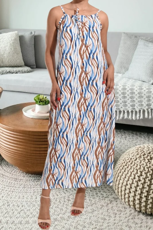 Women's High-Fashion Attire Brown Pattern Strappy Maxi Tie Dress