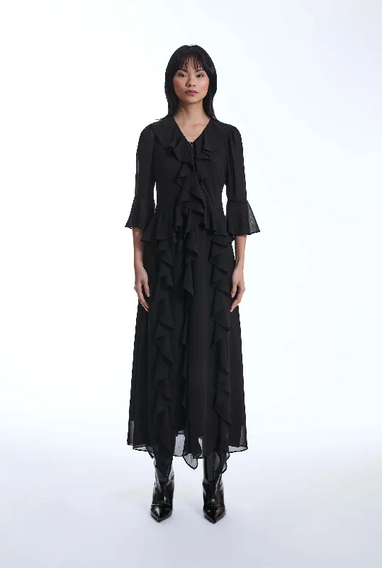 Women's Clothes And Garments V-Neck Ruffle Black Dress