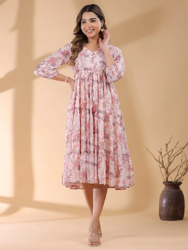Versatile Women's Fashion Pink Georgette Floral Printed Tiered Dress