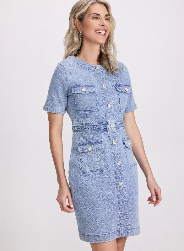 Affordable Women's Clothing Sale Online Denim Crystal-Embellished Button Dress