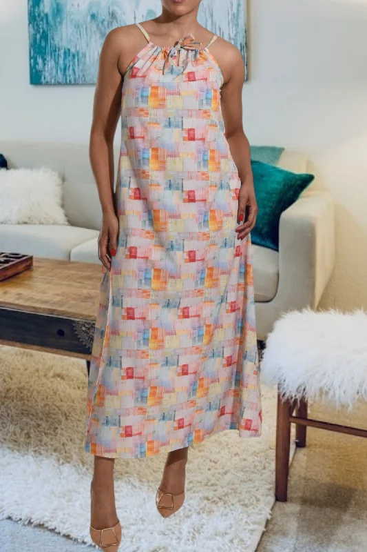 Women's Elegant Outfit Square Printed Strappy Maxi Tie Dress