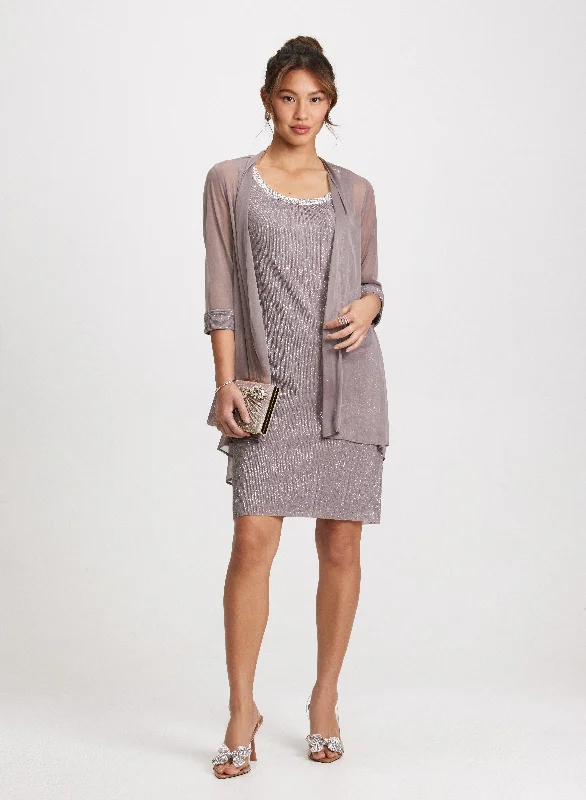 Feminine Flow Shimmering Dress & Mesh Jacket Set