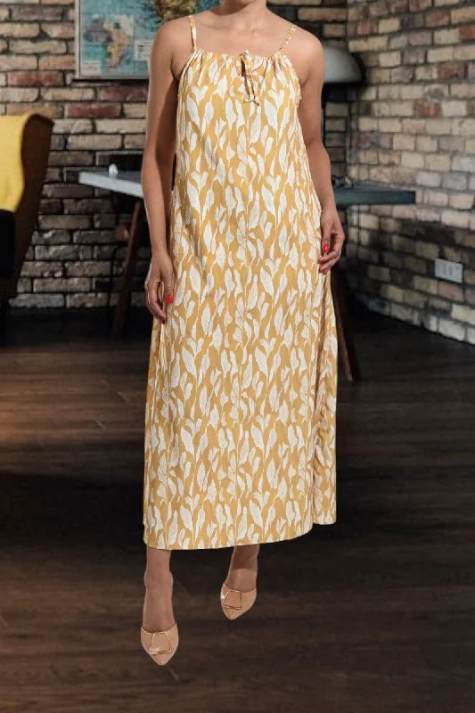 Women's Trendy Casual Outfit Mustard Floral Strappy Maxi Tie Dress