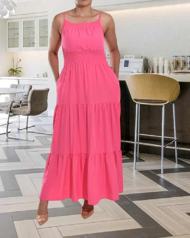 Stylish Basics Cerise Strappy Ruffle Pocket Dress