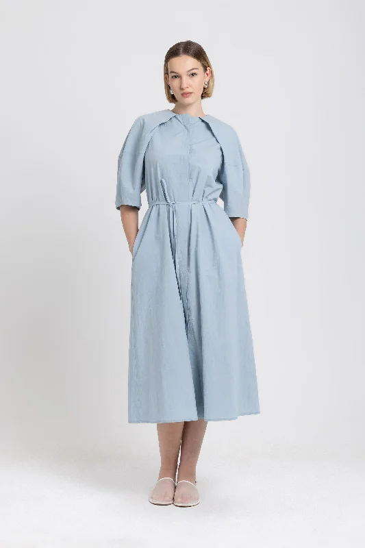 High Street Women's Fashion for Trendy Shoppers Soft blue crinkle poplin dress with balloon sleeves