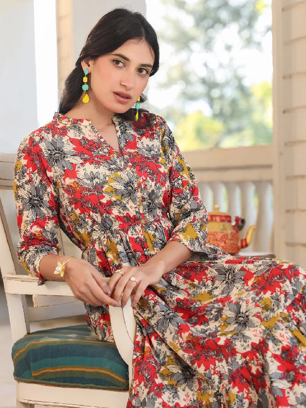 Women's Formal Clothes Multicolor Pure Cotton Floral Printed Tiered Dress