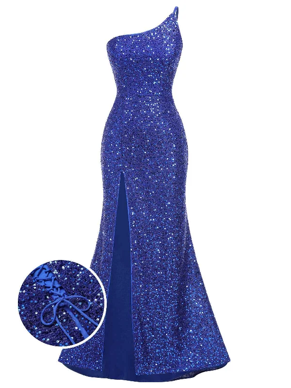 Hurry! Special Deals Ending Soon Blue 1920s One-Shoulder Sequined Mermaid Dress