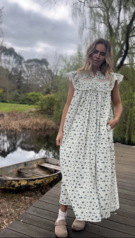 Women's Evening Garments 100% RECYCLED DOBBY COTTON - REVERIE DRESS BLUE ROSE