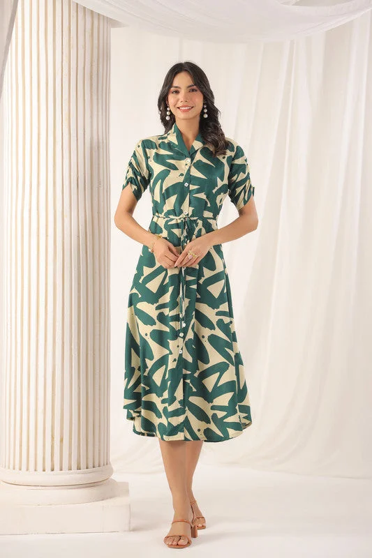 Women's Relaxed Outfit Tropical Fern Green Russian Silk Dress
