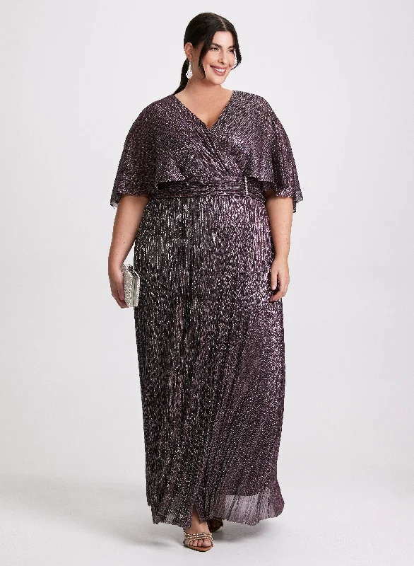 Seasonal Trends Metallic Cape Sleeve Plissé Dress