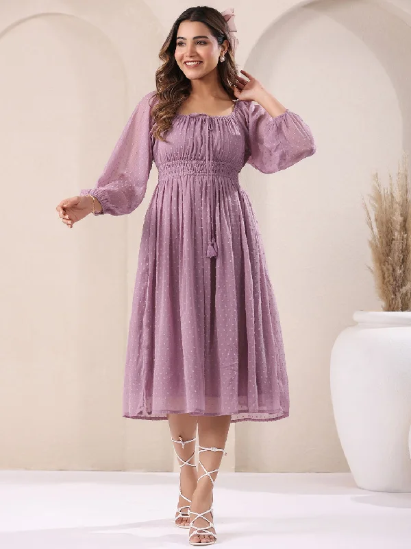 Women's Resort Attire Lavender Dobby Chiffon Self Design Fit & Flare Dress