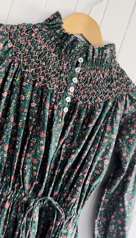 Limited Stock, Big Sale 100% RECYCLED COTTON - PRAIRIE DRESS DITSY FLORAL TEAL PINK POPLIN - HAND SMOCKED