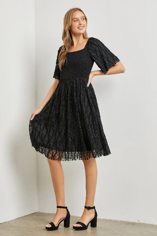 Elegant Designs At Reduced Prices SQUARE NECK LACE SMOCKED DRESS