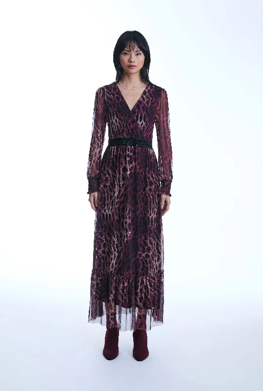 Sophisticated Women's Fashion Maxi Tulle Burgundy Dress