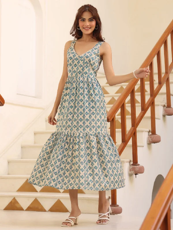 Limited Quantities Beige Pure Cotton Ethnic Motifs Printed Tiered Dress