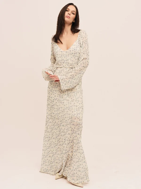 Fashion Essentials Sunset  LS  Dress - Cream Blue Flower