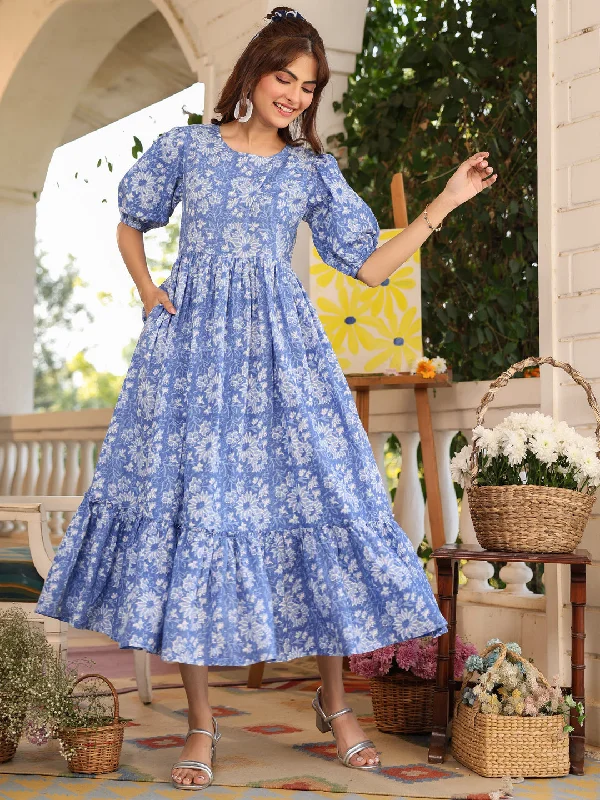 Charming Women's Clothes For Special Events Blue Pure Cotton Floral Printed Tiered Dress