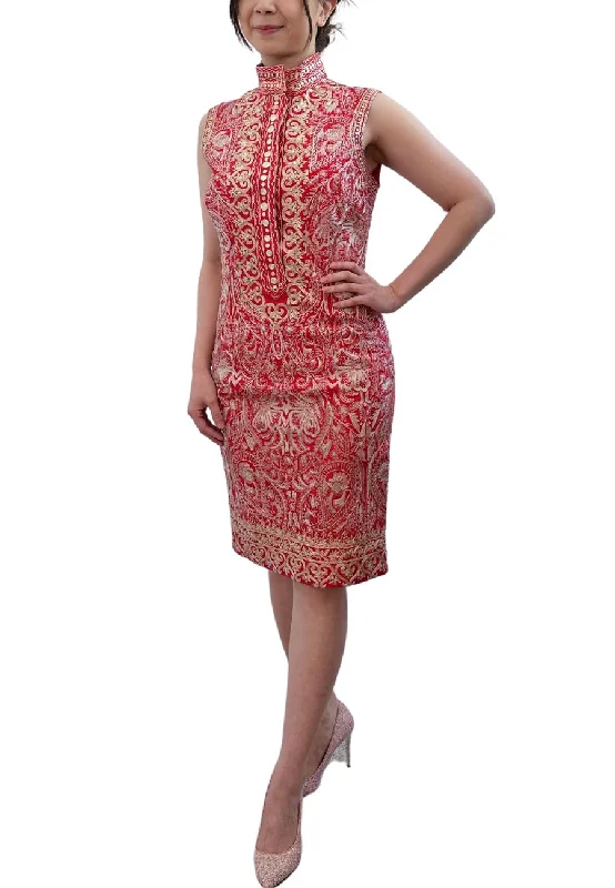 Women's Vintage Clothes Red and Gold Buttoned Embroidered Silk Dress